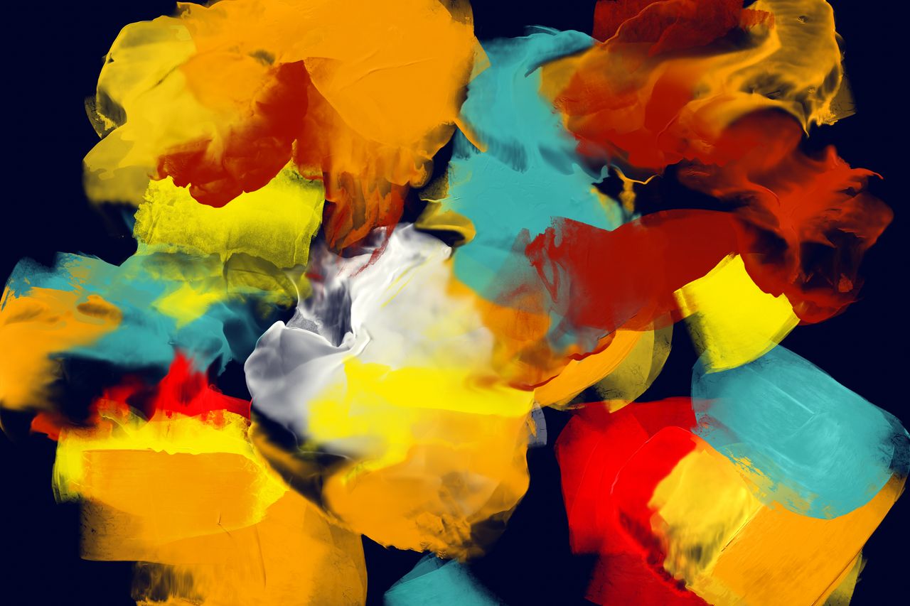 Vibrant abstract painting with dynamic colorful brushstrokes creating an expressive art piece.